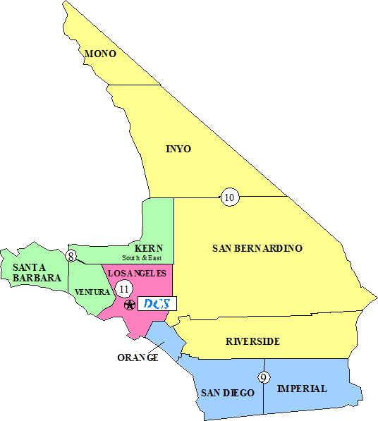 Map of the counties served by DCS. DCS is located in Region 11, Los Angeles county.